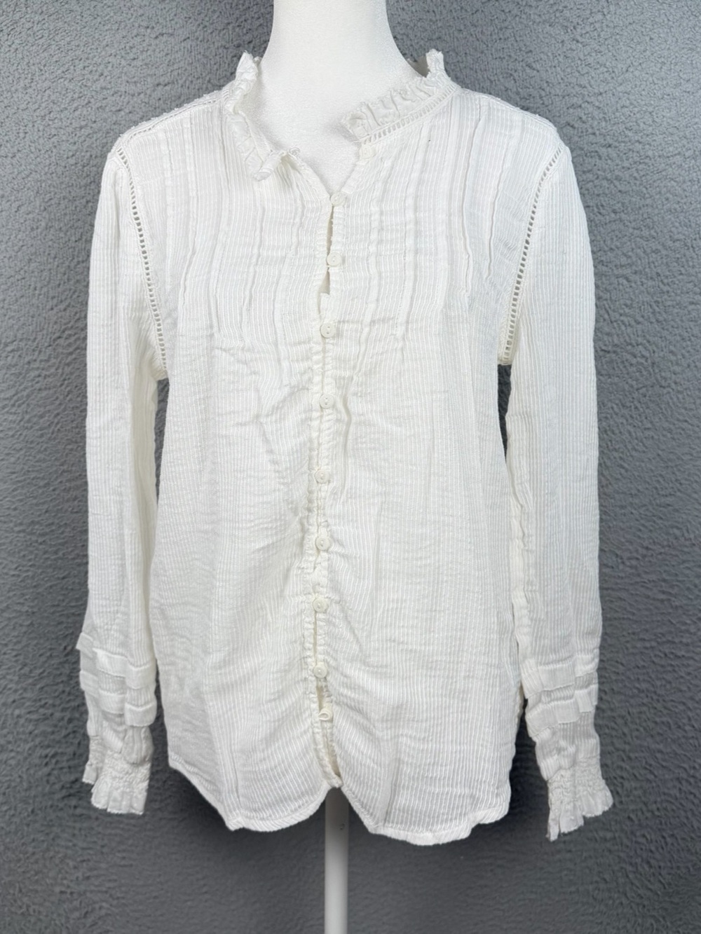 Quince Top Womens Small White Button Organic Textured Cotton Peasant Blouse